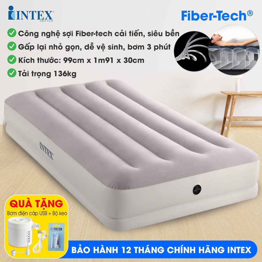Giường hơi đơn công nghệ mới 99cm INTEX 64177 kèm bơm điện cổng USB