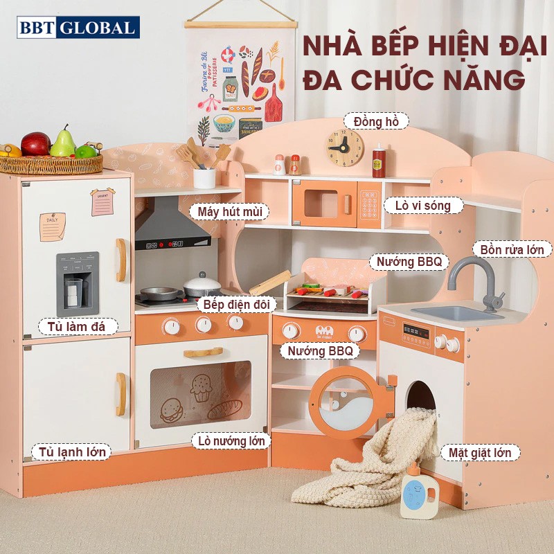 Bếp nấu ăn gỗ cho bé cao cấp cỡ lớn đa chức năng MSN23032