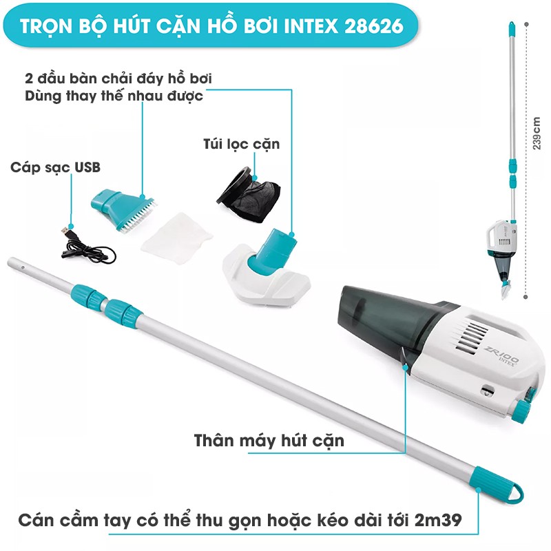 Máy hút cặn, vệ sinh bể bơi đa năng sạc điện cỡ vừa ZR100 INTEX 28626