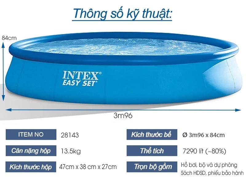 Bể bơi gia đình tròn cổ bơm hơi đường kính 3m96 INTEX 28143