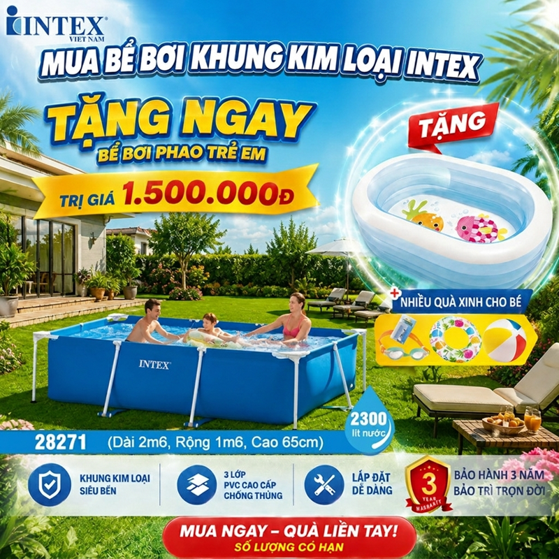 Bể bơi di động cho trẻ em 2.6m*1,6m INTEX 28271