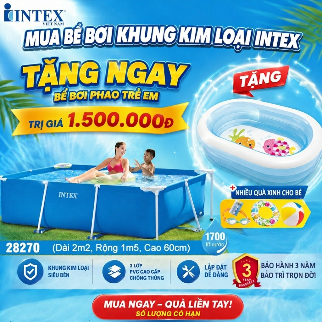 Bể bơi khung kim loại chữ nhật 2,2m*1,5m INTEX 28270