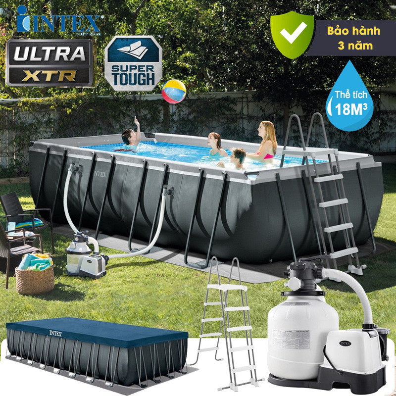 Bể bơi khung kim loại siêu cao cấp DELUXE 5m49 máy lọc nước cát INTEX 26356