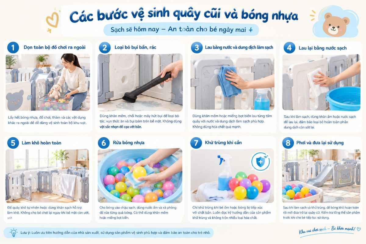 Các bước vệ sinh quây cũi và bóng nhựa