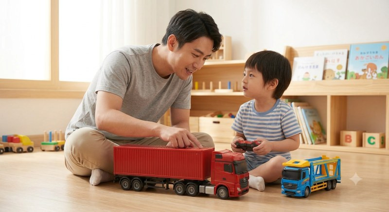 Bé chơi xe container cùng bố mẹ