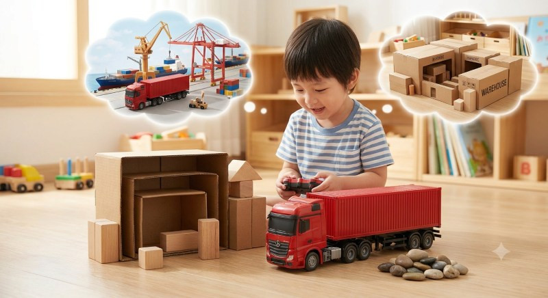 Bé phát trển trí tưởng tượng cùng xe container mô hình