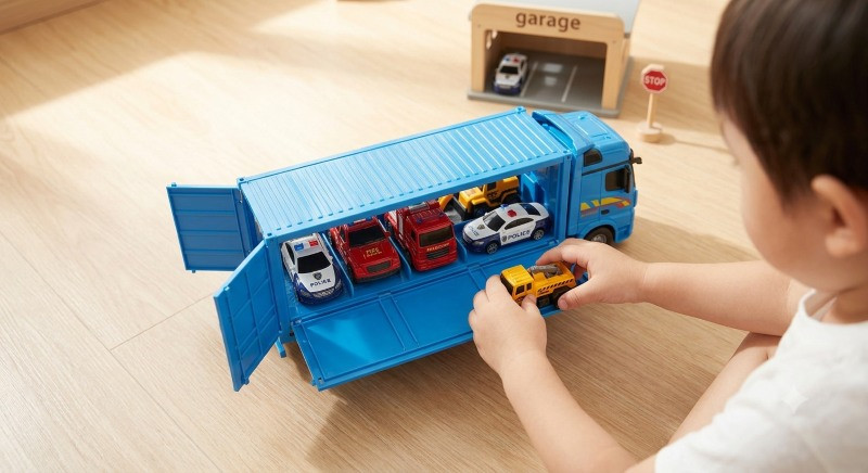 Bé vận động cùng xe container mô hình