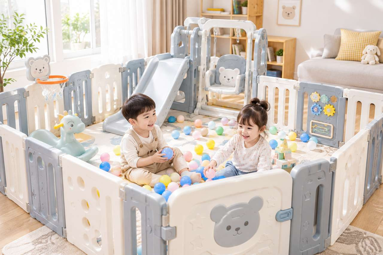 Con nhỏ chơi vui trong quây cũi