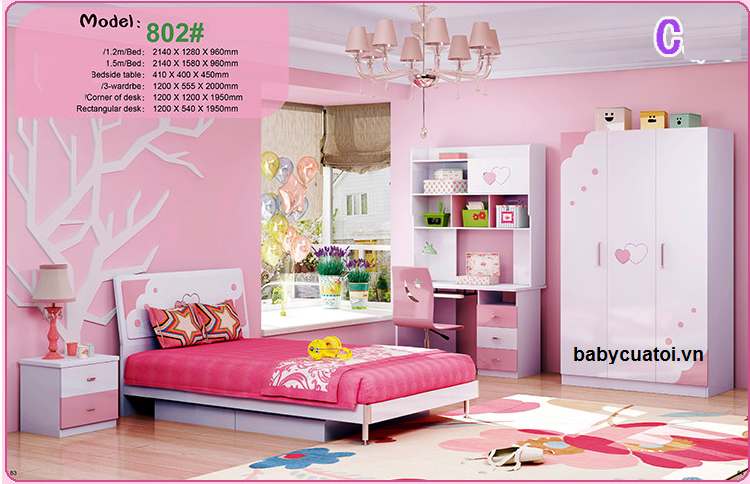 Bộ nội thất phòng ngủ bé gái đẹp nhập khẩu BO-802