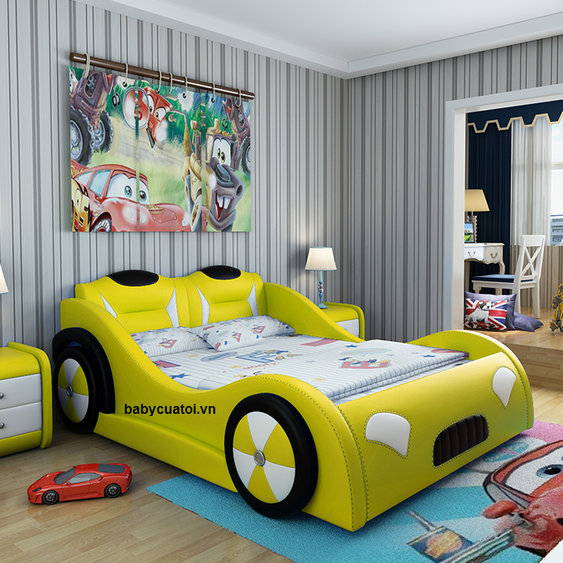 Giường bé trai đẹp hình ô tô bọc da nhập khẩu BGT-01