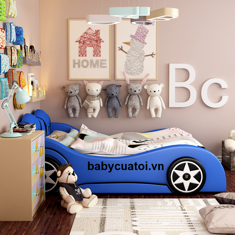 Giường ngủ cho bé trai hình ô tô bọc da cao cấp GBT-05X