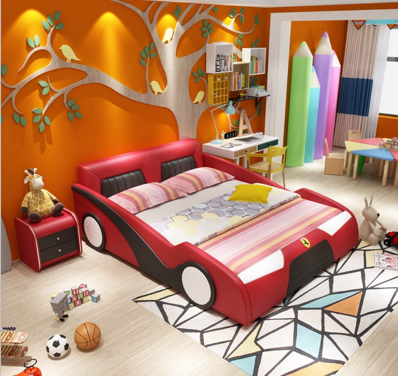 Giường ngủ cho bé trai hình ô tô bọc da cao cấp xanh GBT-B19X