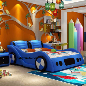 Giường ngủ cho bé trai hình ô tô bọc da cao cấp xanh GBT-B19X