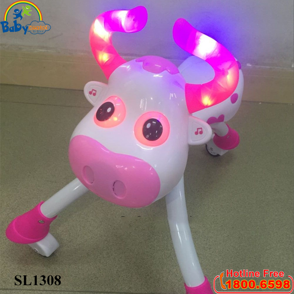 Xe chòi chân con bò có đèn và nhạc màu hồng SL1308H