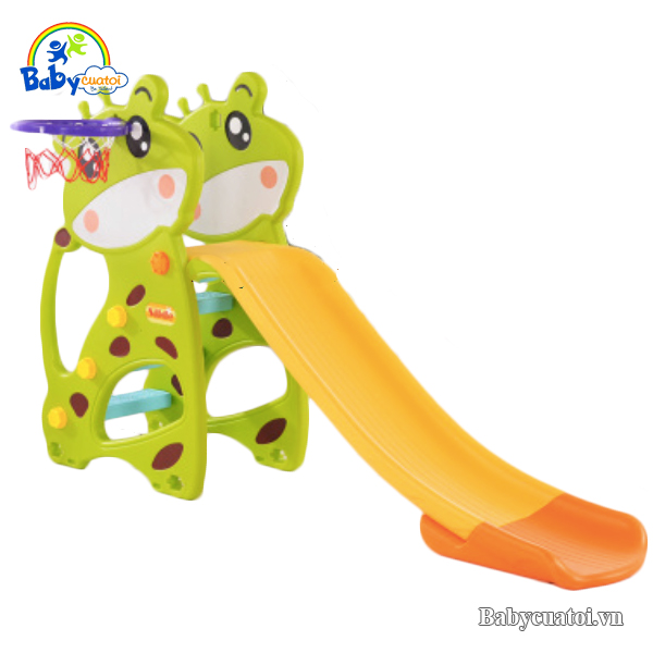 Cầu trượt chú bò dễ thương máng dài có bóng rổ KT006A-xl
