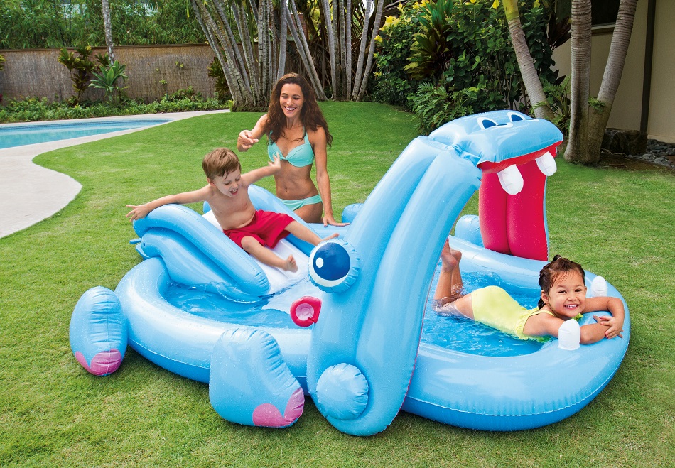 Bể bơi cầu trượt vòi phun mưa hà mã xanh Hippo intex 57150