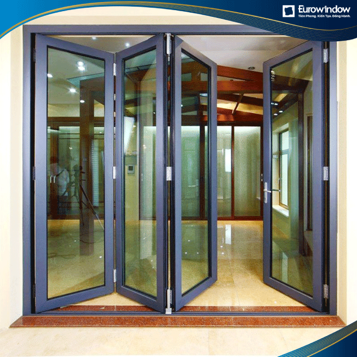 Cửa nhôm 4 cánh xếp trượt, 3 cánh xếp trượt 1 cánh mở quay
