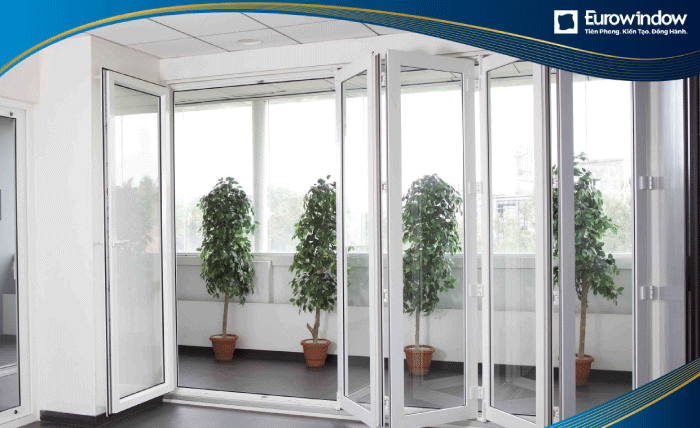 Cửa nhôm 5 cánh xếp trượt, 4 cánh xếp trượt 1 cánh mở quay