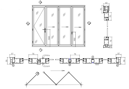 Bản vẽ thiết kế cửa nhôm xếp trượt 4 cánh, 3 cánh xếp gấp – 1 cánh mở quay