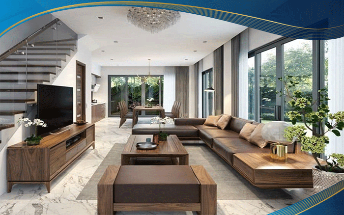 Cửa màu ghi kết hợp với nội thất màu nâu (gỗ) và tường màu trắng tạo nên sự hài hoà, sang trọng