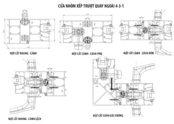 Bản vẽ mặt cắt nhôm cửa xếp trượt quay ngoài 4-3-1 hệ EA70i