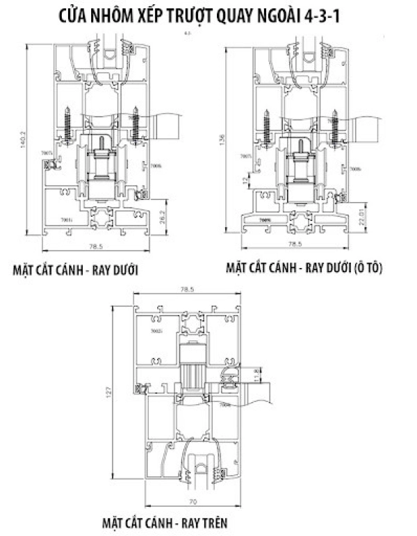Bản vẽ mặt cắt nhôm cửa xếp trượt quay ngoài 4-3-1 hệ EA70i