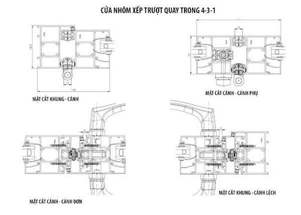 Bản vẽ mặt cắt nhôm cửa xếp trượt quay trong 4-3-1 hệ EA70i