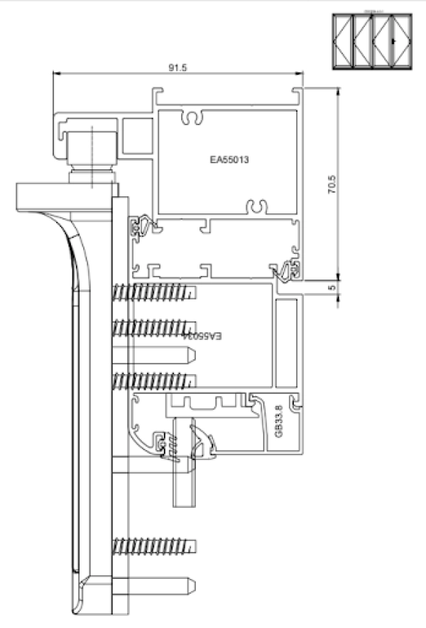 Bản vẽ mặt cắt nhôm cửa xếp trượt quay ngoài 4-3-1 hệ EA70i