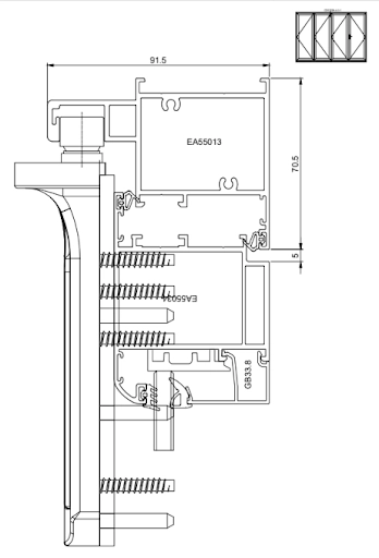 Bản vẽ mặt cắt nhôm cửa xếp trượt quay ngoài 4-3-1 hệ EA70i