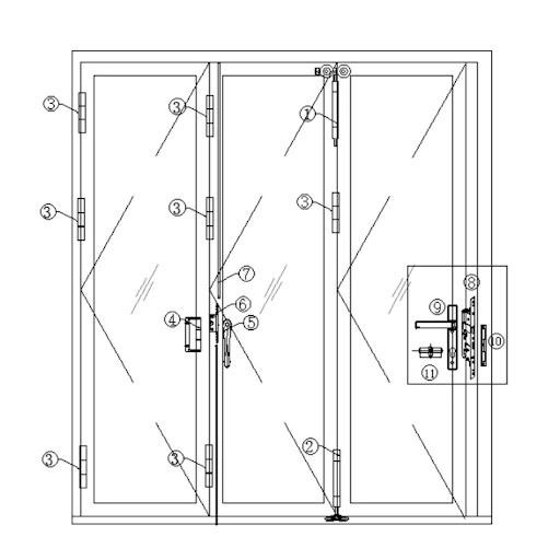 Bản vẽ thiết kế cửa đi nhôm xếp trượt 3 cánh, 1 cánh mở quay 2 cánh mở trượt
