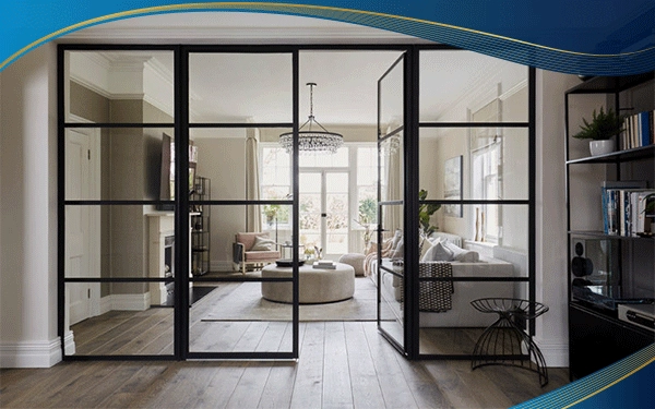 Cửa nhôm 4 cánh chia ô lắp đặt tại lối đi giữa phòng khách và phòng đọc sách tạo sự riêng tư cho không gian
