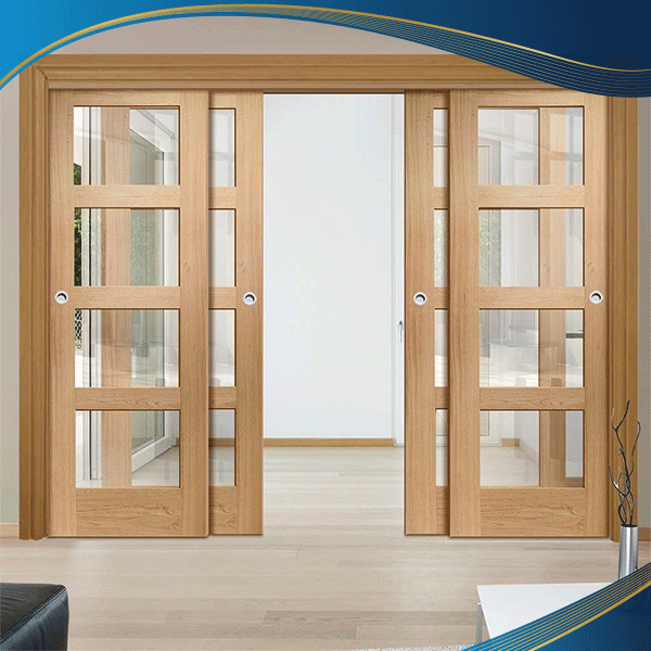 Cửa trượt lõi thép 4 cánh màu vân gỗ cùng sự kết hợp nan trang khí khiến khung cửa gia tăng độ chắc chắn và khả năng cách âm tốt phù hợp với không gian cần được ngăn cách tại chung cư, biệt thự