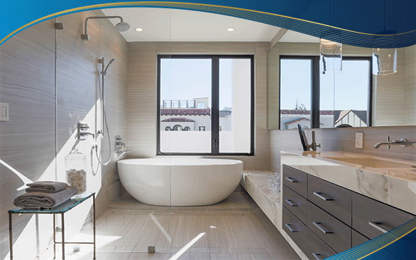 Mẫu cửa sổ nhôm 2 cánh màu trắng kết hợp với vách kính được lắp đặt tại phòng tắm gia đình để lấy được tối đa không gian và ánh sáng bên ngoài. 