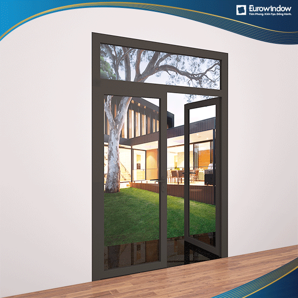 Cửa 2 cánh quay ngoài màu nâu đen thường được Eurowindow ứng dụng làm cửa ra vào sân vườn của khu biệt thự cao cấp