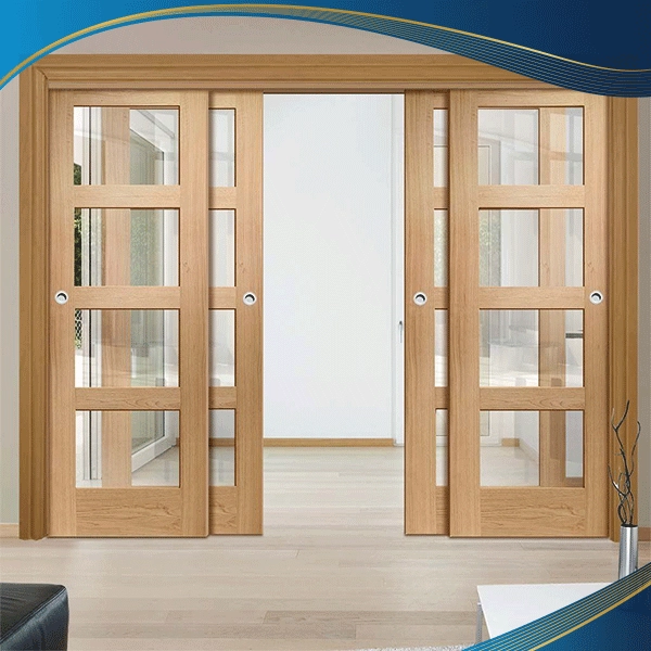 Cửa nhôm 4 cánh chia ô ngang trượt với hệ cửa đi mở sử dụng bản lề, thanh chốt, khóa đa điểm, có khả tránh được nguy cơ gió dập phù hợp với lối ra vào cho ban công của ngôi nhà cao tầng có hướng gió mạnh