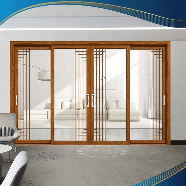 Cửa nhôm 4 cánh chia ô dọc cùng thiết kế màu vân gỗ