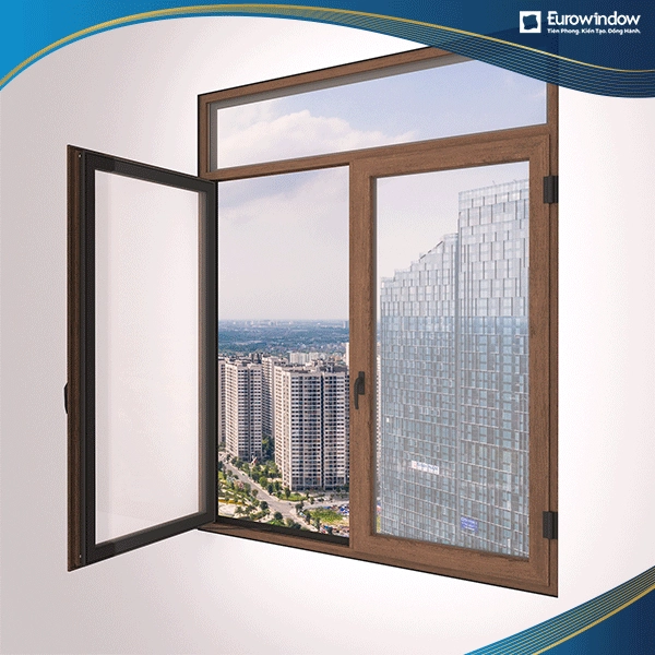 Cửa sổ mở quay trong 2 cánh màu vân gỗ được Eurowindow thi công tại địa điểm tòa cao ốc
