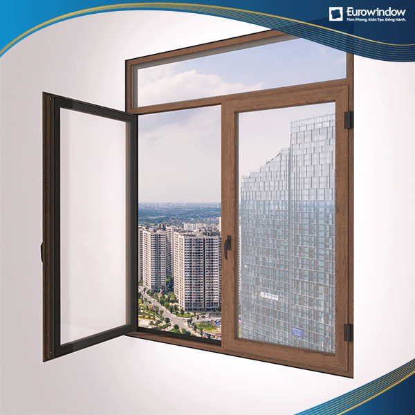 Cửa sổ mở quay trong 2 cánh màu vân gỗ được Eurowindow thi công tại địa điểm tòa cao ốc