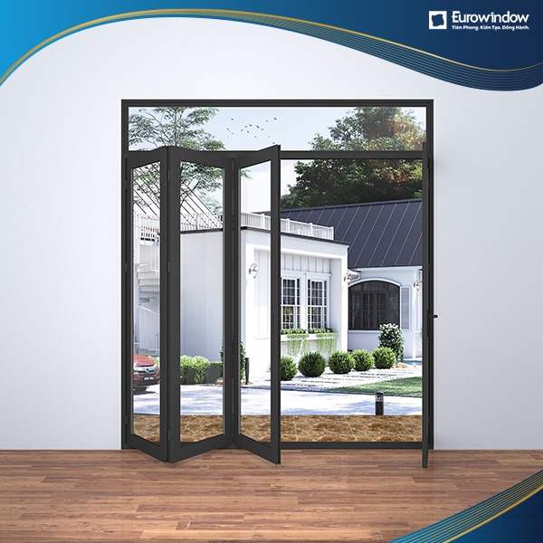 Cửa nhôm có cầu 4 cánh xếp trượt được Eurowindow thi công làm cửa chính biệt thự 