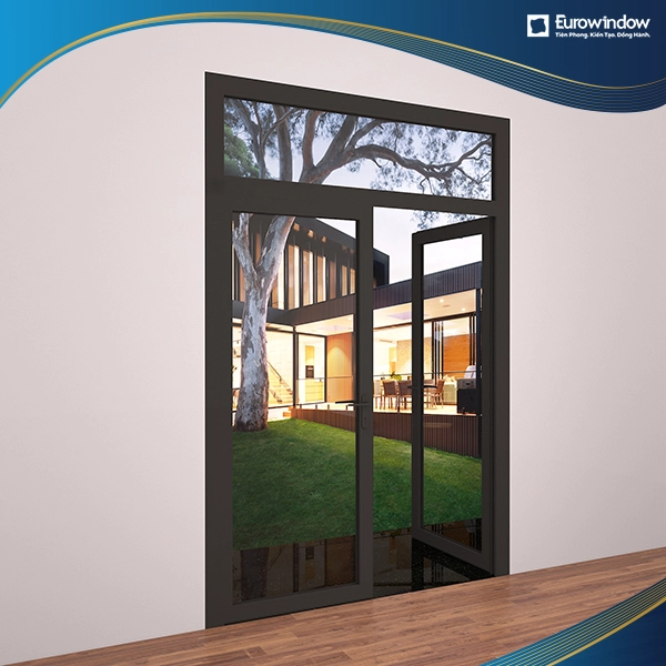 Mở quay ngoài 2 cánh màu đen được Eurowindow lắp đặt tại cửa ra vào căn hộ cao cấp 