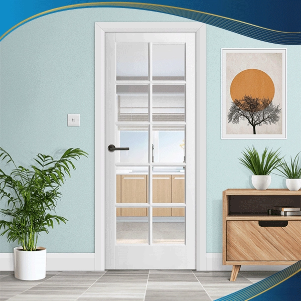 Cửa đi 1 cánh mở quay được chia ô đối xứng thiết kế với màu trắng đem lại sự tinh tế và sang trọng cho không gian phòng ngủ của biệt thự mang phong cách tân cổ điển