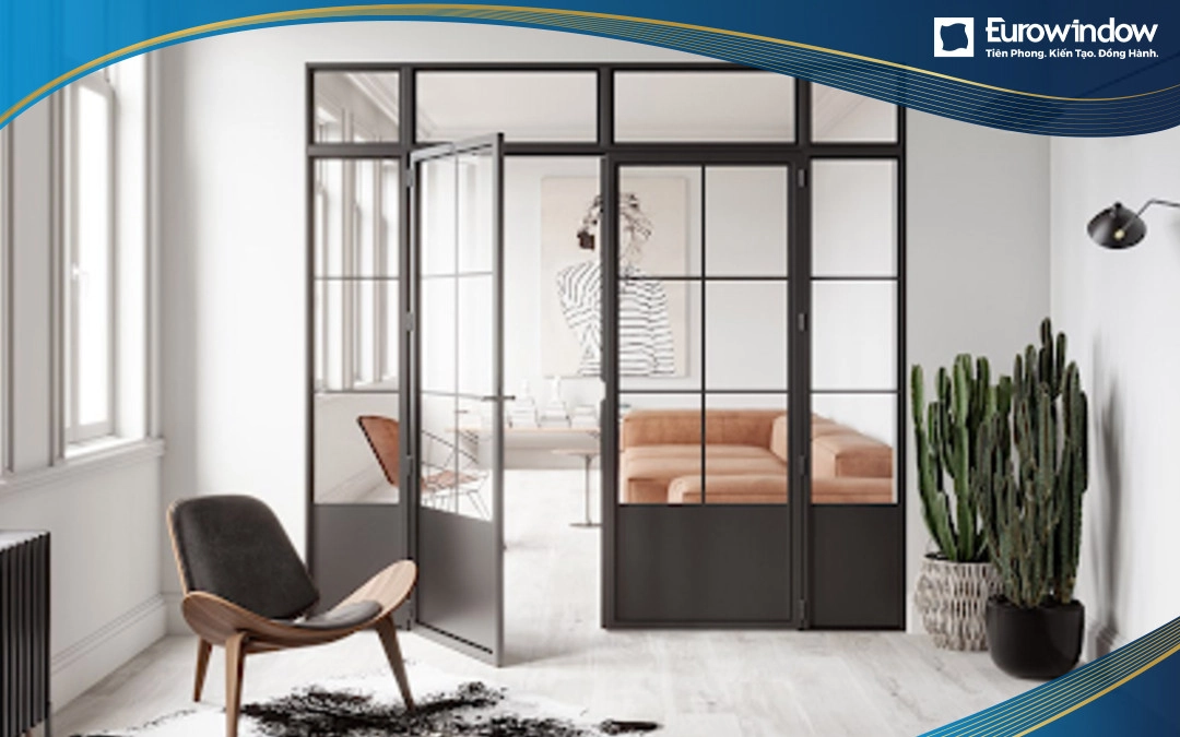Cửa nhôm 4 cách lệch có cấu tạo từ 2 cánh cửa lớn và 2 cánh cửa nhỏ với kích thước lớn nhỏ khác nhau.