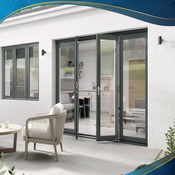 Cửa đi chính được làm bằng nhôm 4 cánh được cấu tạo từ hợp kim nhôm có cấu trúc hộp chia từng cánh thành nhiều khoảng trống đi kèm hệ thống gioăng và phụ kiện kim khí tạo ra một bộ cửa cách âm, chịu nhiệt tốt phù hợp không gian nhà ở có mặt tiền hoặc khu vực ban công đón nắng.