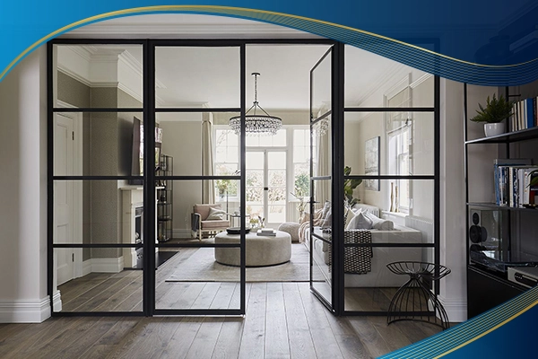 Cửa nhôm mở 2 chiều được lắp đặt tại văn phòng khách và phòng ngủ kết hợp nan chia đố hiện đại