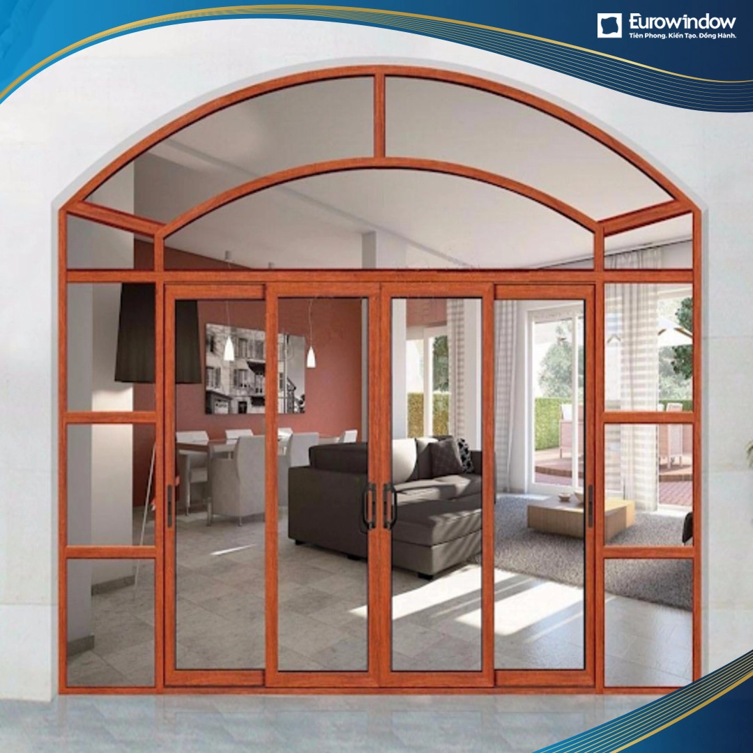 Cửa nhôm vân gỗ 4 cánh làm cửa đi cho căn biệt thự tại Huế