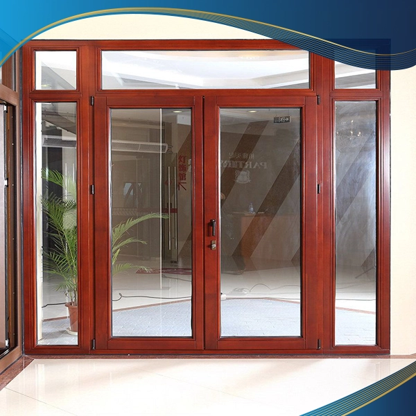 Mẫu cửa nhôm 4 cánh mở quay màu vân gỗ cho phòng khách gia đình