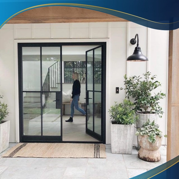 Cửa nhôm tĩnh điện 2 cánh màu đen chia đố làm cửa đi chính