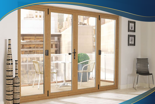 Cửa nhôm tĩnh điện 4 cánh mở quay màu vân gỗ cho ban công