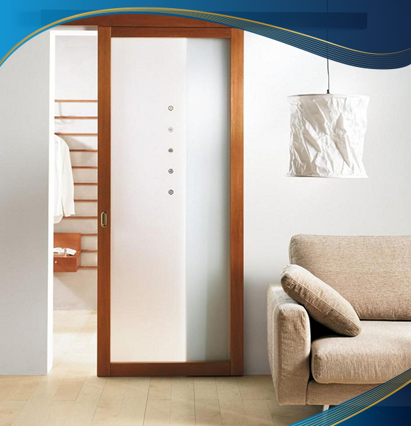 Cửa nhôm 1 cánh mở trượt giả gỗ kính mờ làm cửa thông phòng