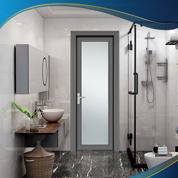 Cửa nhôm 1 cánh tĩnh điện màu xám kính mờ tại sự sang trọng cho phòng vệ sinh tại khách sạn 